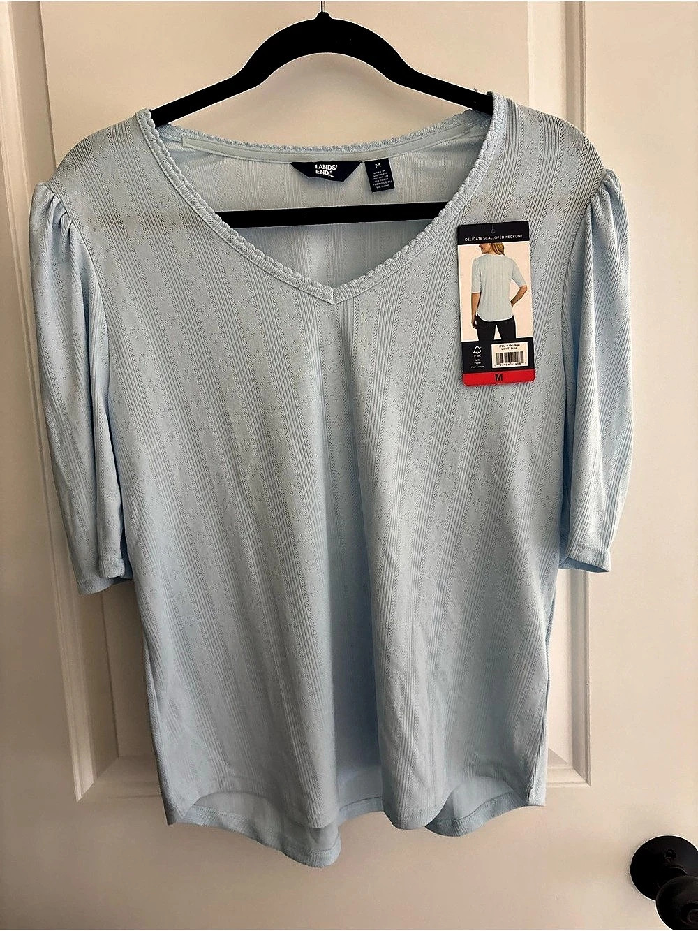 NWT Lands' End Women's Drapey Rib Puff Sleeve Scoop Neck Top Blue Medium